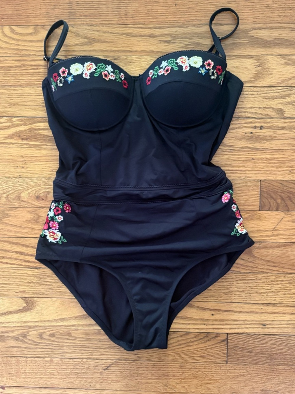 Johnny Was Black Embroidered Floral One Piece Swimsuit XL Underwire Boho Resort